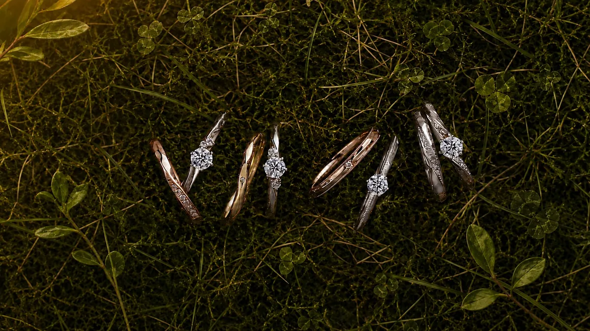 苔の上に並べたBAUMの婚約指輪と結婚指輪のペア